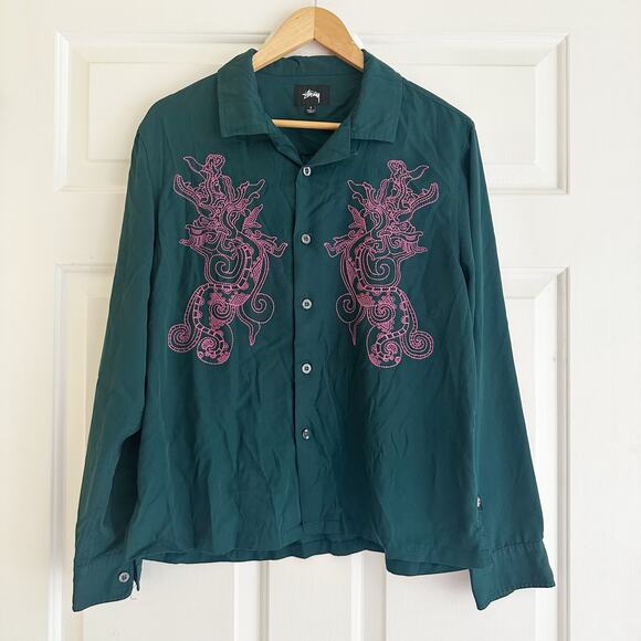 Stussy Japan Y2K Dragon Print Embroidered Button Down‎ Shirt Green Sz Mens Small - Picture 1 of 8